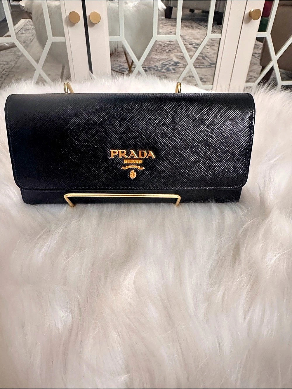 Prada Saffiano Leather Long Wallet in Black & Pink NWT